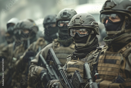 Squad of armed military police in combat gear during an operation.