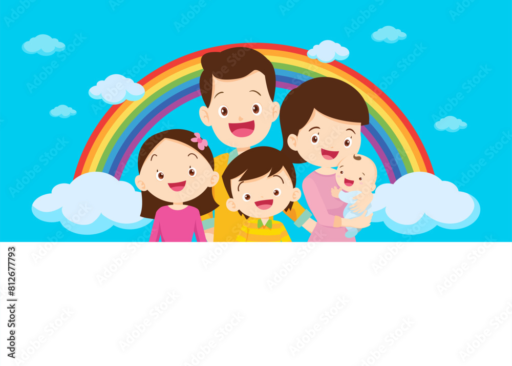 Happy big family in front of house ,rainbow Happy big family in front of house ,rainbow