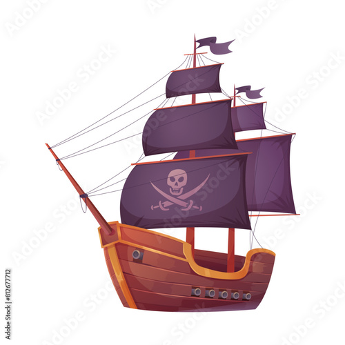 Pirate ship with skull and crossbones, black sails on mast and cannons vector illustration