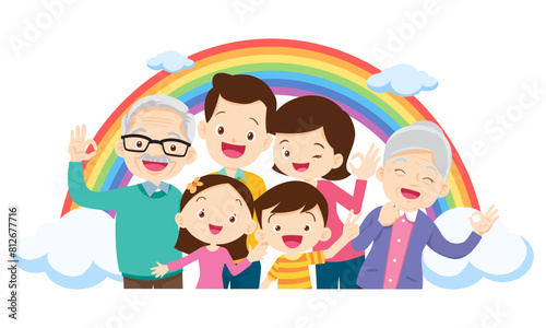 Happy big family in front of house ,rainbow