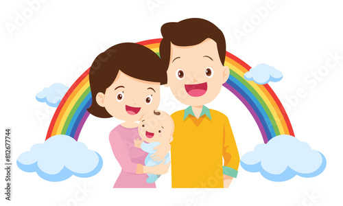 Happy big family in front of house  rainbow