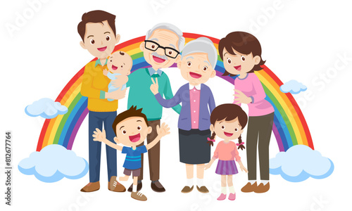 Happy big family in front of house ,rainbow