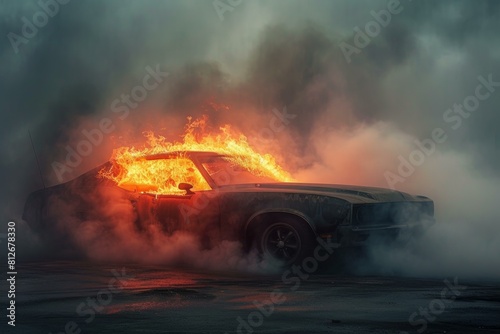 Classic muscle car is consumed by flames amidst a haze of smoke on a desolate road © anatolir