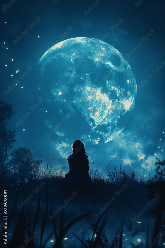 A woman is sitting in a field of grass under a large blue moon