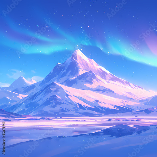 Majestic Snowy Mountain Peaks Under the Glow of Aurora Borealis