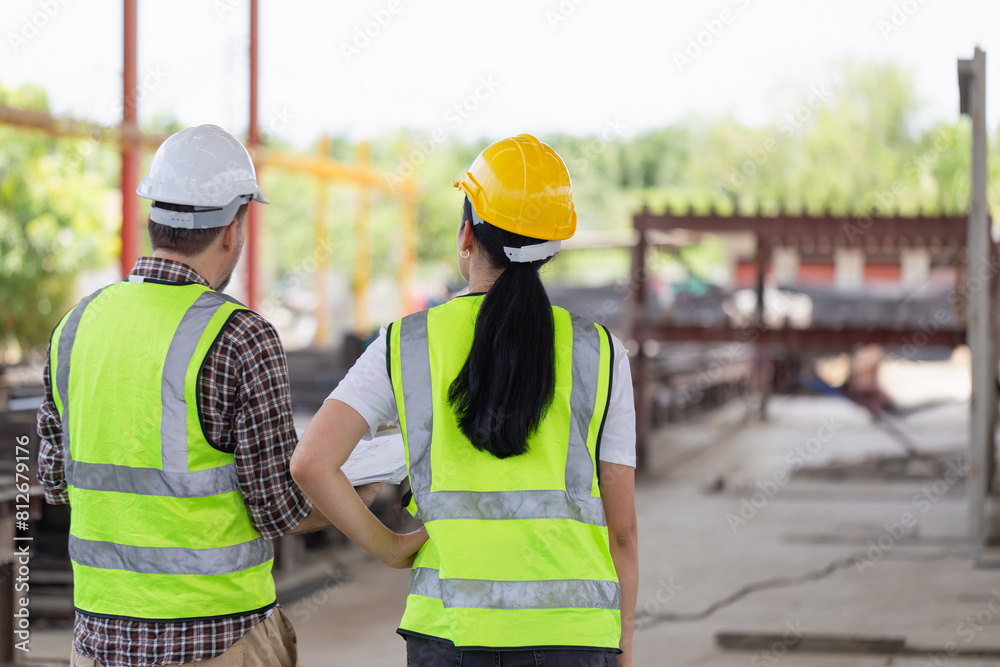 Back view of Engineer and female foreman worker team checking project at precast factory site, Engineer and builders in hardhats discussing on construction site Back view of Engineer and female foreman worker team checking project at precast factory site, Engineer and builders in hardhats discussing on construction site