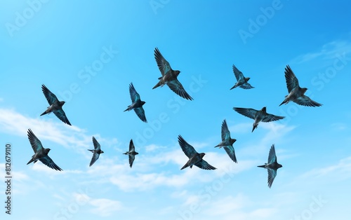Multiple Common Swifts in a synchronized flight pattern, clear blue sky providing a calm backdrop photo
