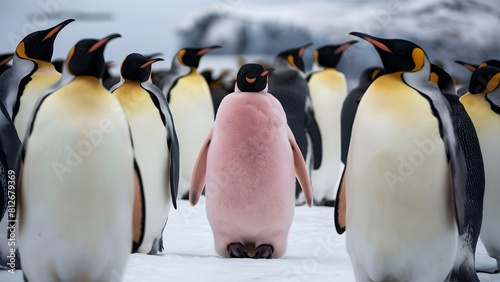 Standing out from the crowd with pink pinguin between penguins  penguins   penguins in group