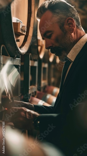 A man in a suit at a winery, barrels softly blurred in the cellar as he tastes a sample.  photo