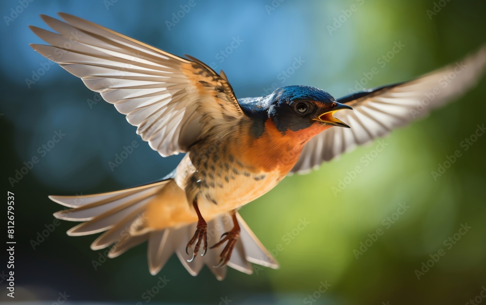 Obraz premium Dynamic action shot of a Barn Swallow catching insects, forked tail visible, vibrant green background