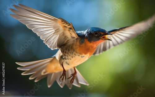 Dynamic action shot of a Barn Swallow catching insects, forked tail visible, vibrant green background