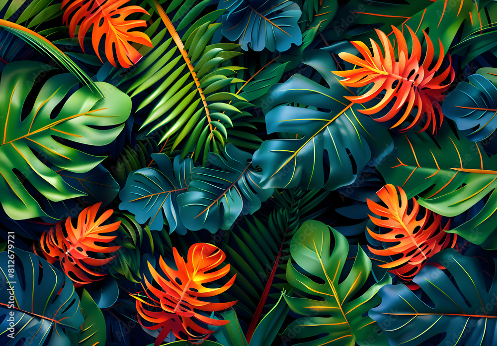 A tropical jungle scene with green and orange leaves. The image is full of life and color, with a variety of plants and flowers. Generative AI A tropical jungle scene with green and orange leaves. The image is full of life and color, with a variety of plants and flowers. Generative AI