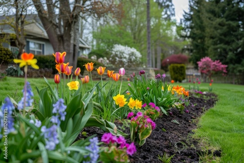colorful spring garden in full bloom tulips daffodils and hyacinths wellmaintained lawn and flower beds landscape photography © furyon