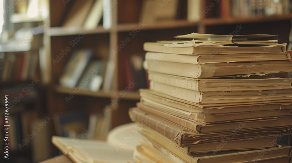 Fototapeta premium A stack of old books in a library with a blurred background.