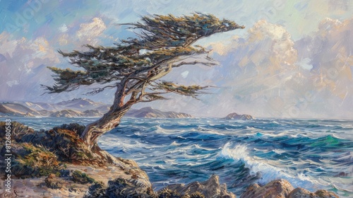 Cypress tree on the coast in Carmel shaped by the wind photo