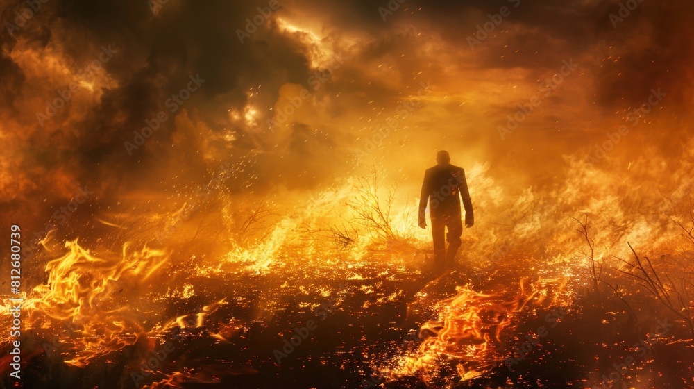 Mysterious man walking through fiery blaze