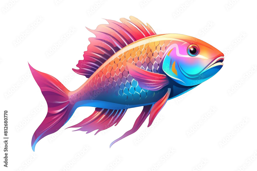 The AI-generated photo shows a beautiful and colorful fish. The fish has a vibrant pink and orange body. The fish is surrounded by a dark background.
