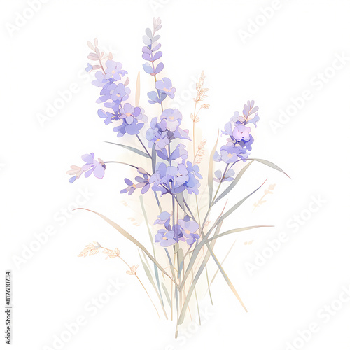 Sprigs of lavender in full bloom with lush green stems against a pristine white background. A serene floral still life perfect for springtime inspiration or nature-inspired projects.