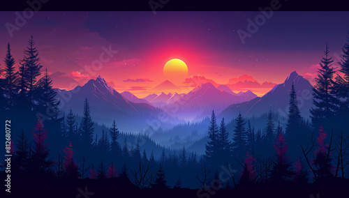 Beautiful Mountain Sunset Captured in Simple Vector Art with Basic Shapes photo