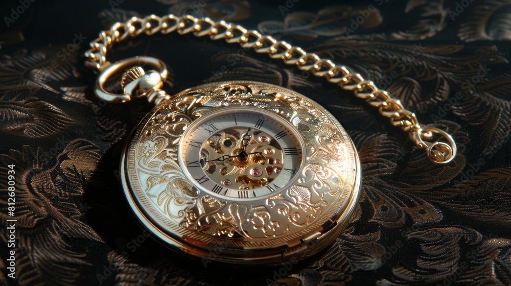 This is a photo of a lavish pricey pocket watch in a shimmering gold hue, Generated by AI