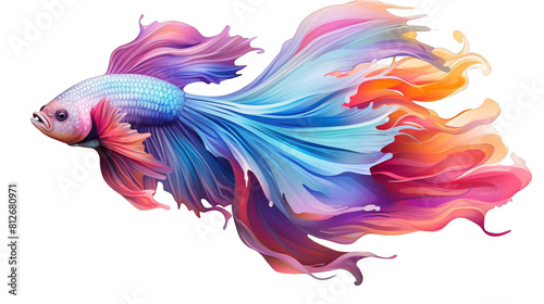 The image shows a watercolor painting of a Betta fish. The fish is blue, purple, and pink, and has a long, flowing tail. It is set against a transparent background. © sunchai