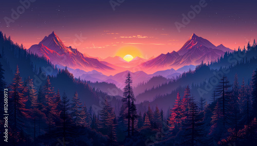 Simplistic Yet Beautiful Vector Art of Mountains at Sunset with Basic Colors