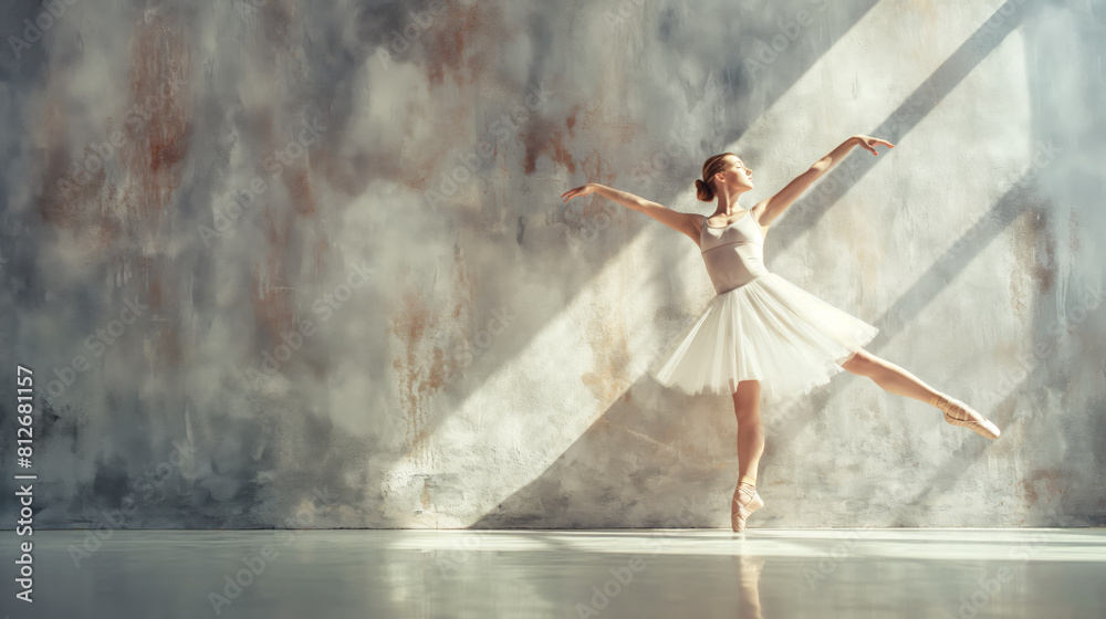 Foto de Ballerina in white tutu pirouetting in sunlit room highlighted Foto de Ballerina in white tutu pirouetting in sunlit room highlighted