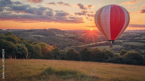 Red and white hot air balloon hovering over lush green hills at sunset capturing tranquil beauty of rural landscape bathed in golden light