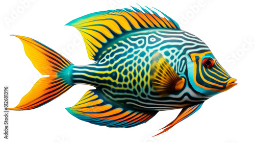 This is a photo of a reef fish with vibrant colors. It has a yellow tail and blue and orange fins. The body is a mix of blue and yellow with black stripes.