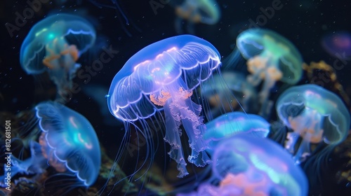 Depict a cluster of bioluminescent jellyfish, their blue and green lights shimmering in the deep black sea © Nawarit