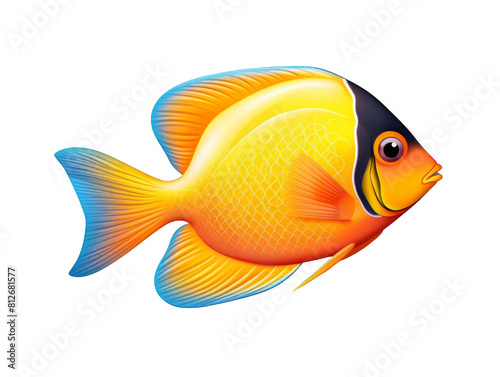 A beautiful and colorful 3D illustration of a yellow tang fish with black and blue details.