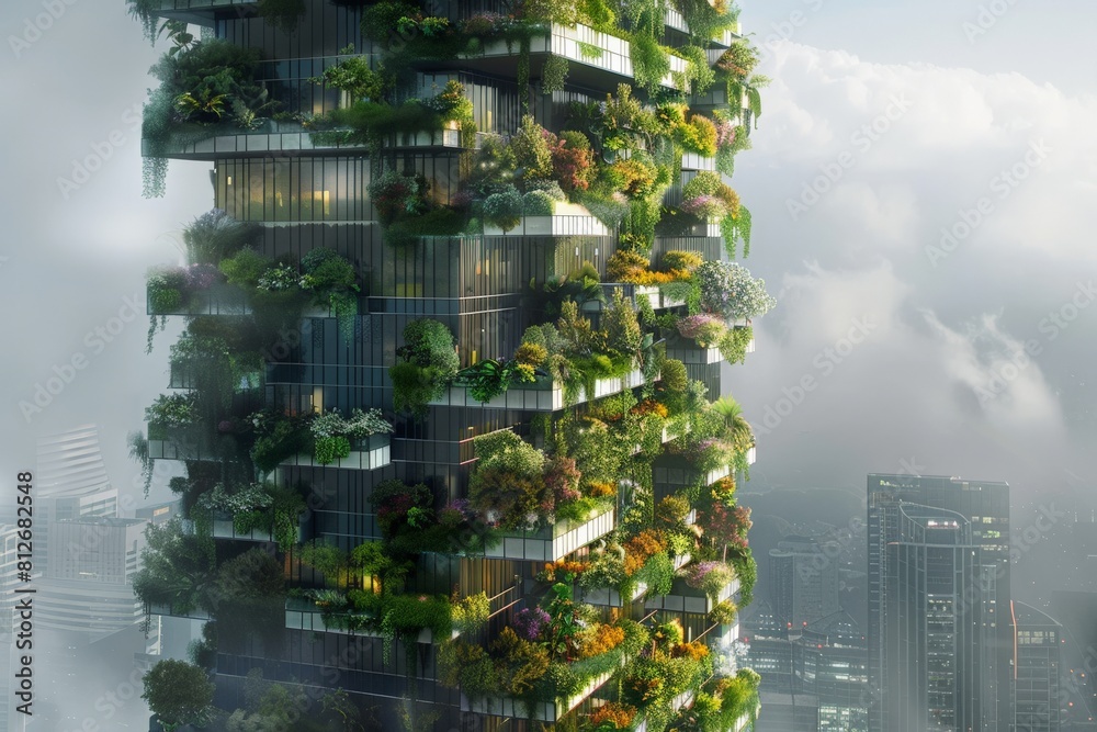 Obraz premium Green Oasis in the Sky: A visionary high-rise building is adorned with a thriving vertical garden, embodying sustainable urban design, against a cloudy sky.