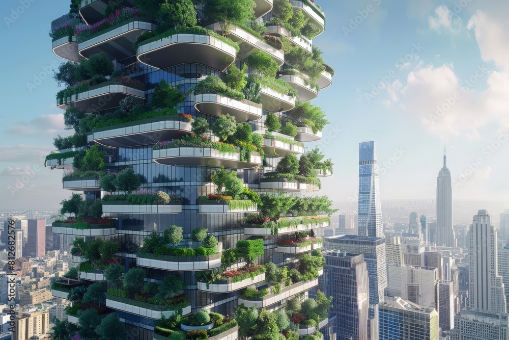Obraz premium Green Oasis Skyscraper: An eco-friendly skyscraper, integrated with lush greenery, stands tall amidst a cityscape, blending nature and architecture harmoniously.