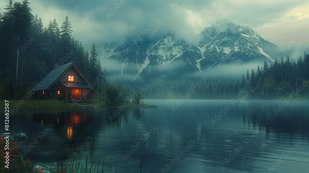 Fototapeta premium A cabin is on a lake with mountains in the background