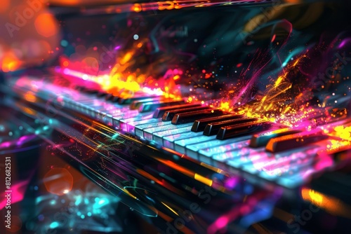 dynamic piano with colorful abstract lights vibrant digital art