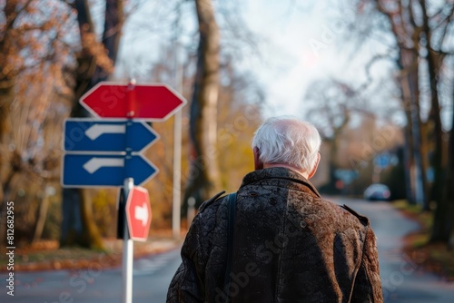 elderly person staring at road sign with multiple directions symbolizing dementia decisionmaking difficulties