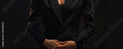Simple yet impactful shot of a female CEOs torso in a black suit, conveying decisiveness and financial acumen photo