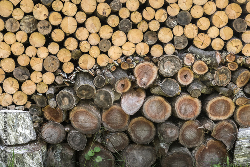 Stacked firewood on house wall closeup as wooden background