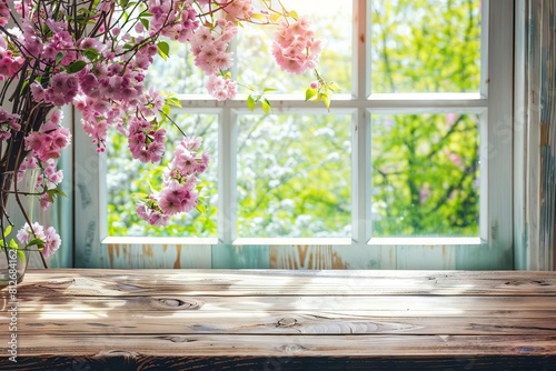 empty wooden table with beautiful spring window background copy space