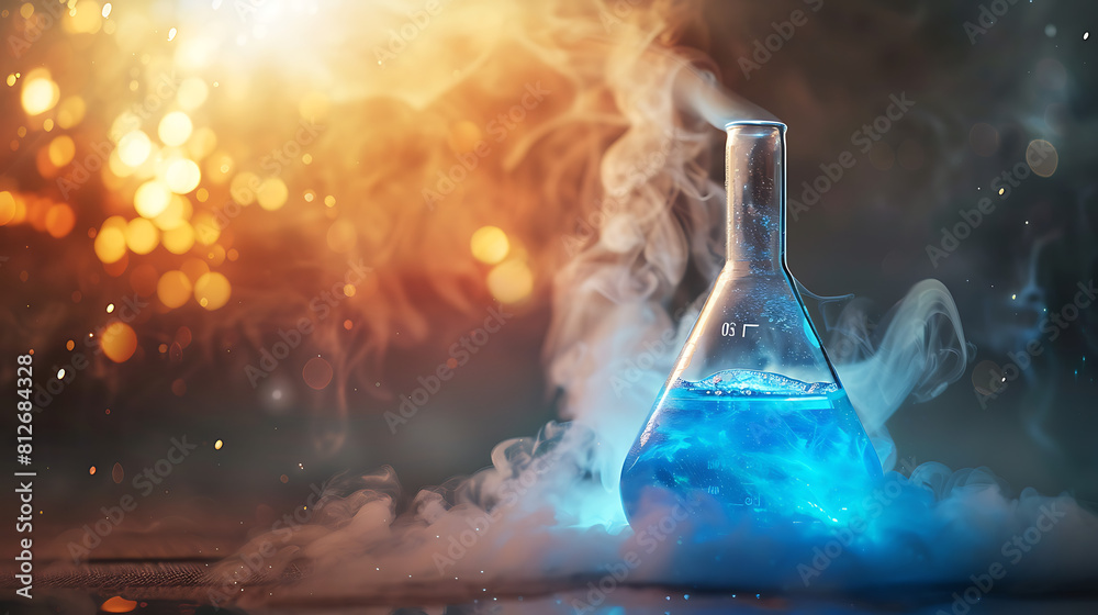 Chemical Reaction: Erlenmeyer Flask Igniting with Smoke and Vapors, Blue Liquid Inside Chemical Reaction: Erlenmeyer Flask Igniting with Smoke and Vapors, Blue Liquid Inside