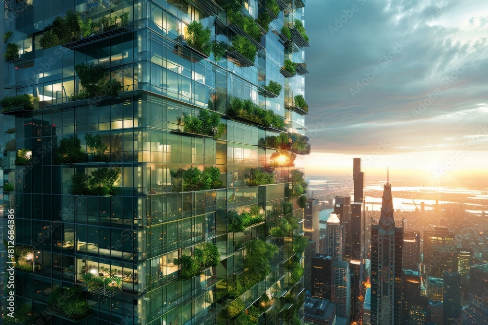 Obraz premium Eco-Friendly Skyscraper: A high-rise skyscraper seamlessly blends with nature. Greenery adorns its facade, signifying sustainable design, while the cityscape and a dramatic sky provide context. 