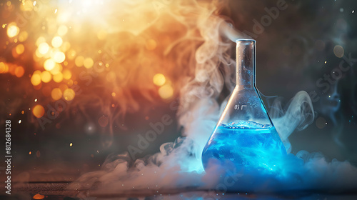 Chemical Reaction: Erlenmeyer Flask Igniting with Smoke and Vapors, Blue Liquid Inside photo