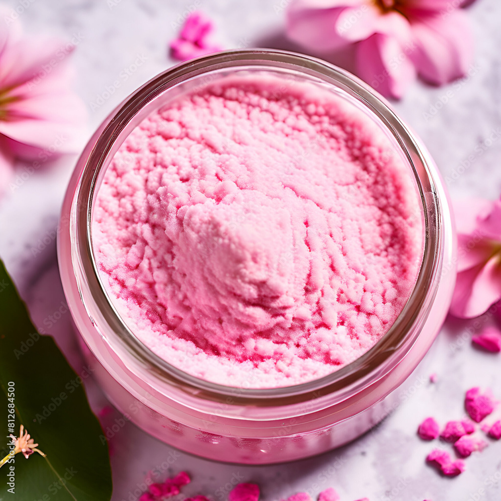 closeup pink texture rich creamy smoothing shower and bath cream scrub with organic particles and,generate ai closeup pink texture rich creamy smoothing shower and bath cream scrub with organic particles and,generate ai