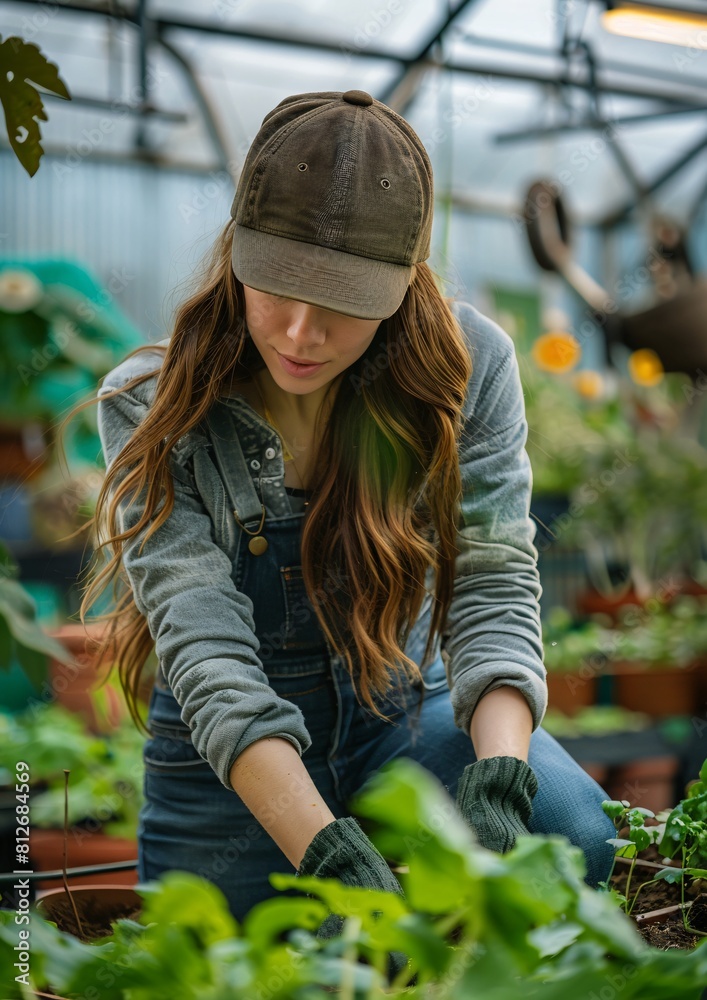 Young Woman Working with Plants in Greenhouse, Casual Gardening