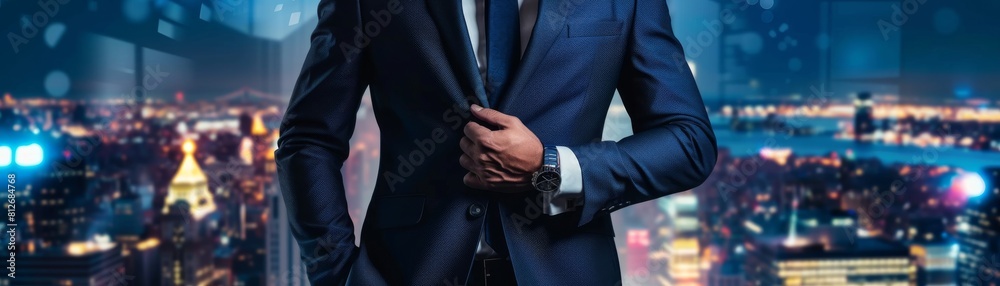 Professional Arya in a navy blue suit, torso only visible, highlighted against a cityscape background for a dynamic business effect