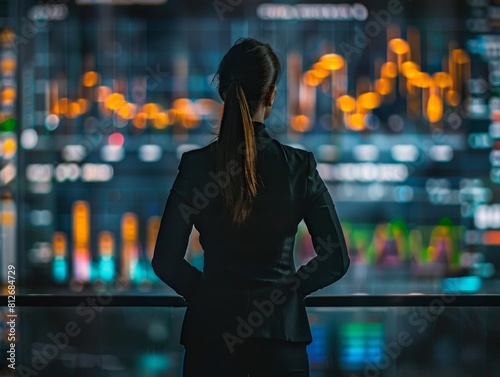 Professional female CEO in a black suit, torso only visible, highlighted against a grayscale cityscape for a corporate finance effect