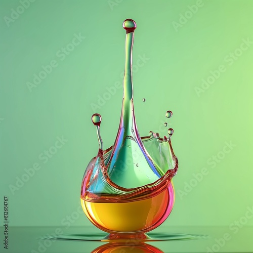 Liquid jewel, colorful water droplet isolated on greenish background.