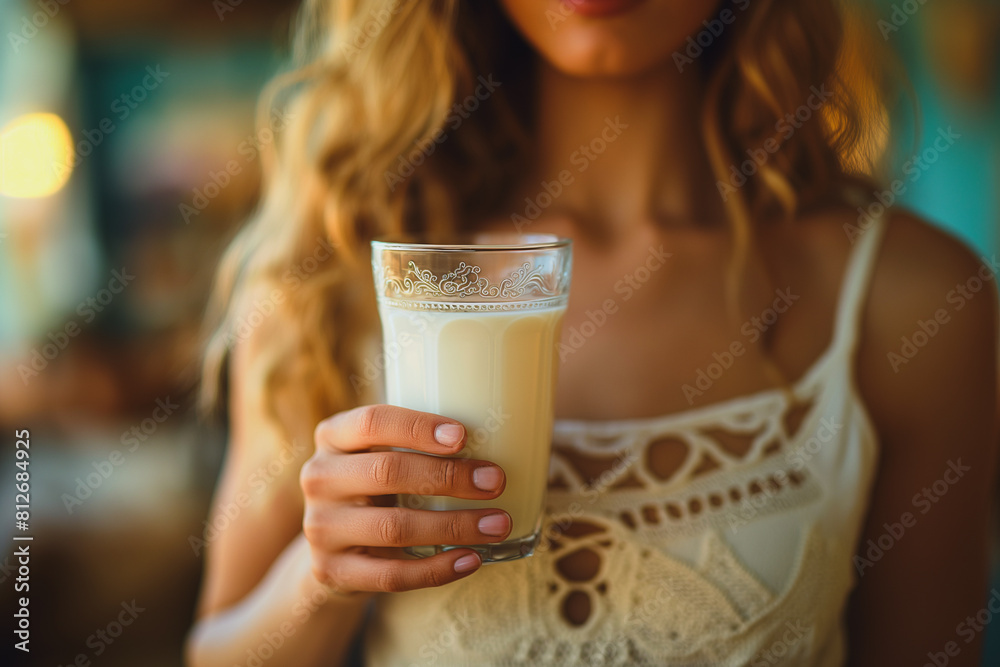 A woman is holding a glass of milk A woman is holding a glass of milk