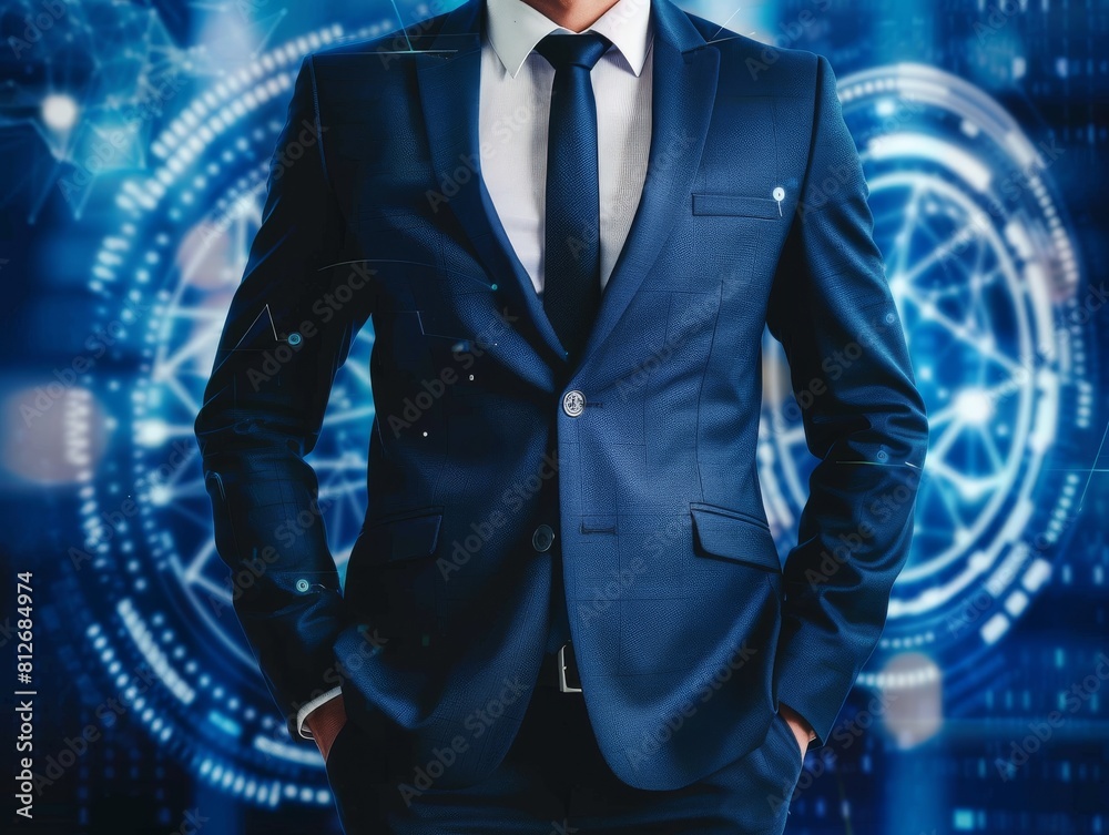 Male CEOs torso in a navy blue suit, presented against a backdrop of digital currencies and financial tech innovations, ideal for discussions on the future of finance Male CEOs torso in a navy blue suit, presented against a backdrop of digital currencies and financial tech innovations, ideal for discussions on the future of finance