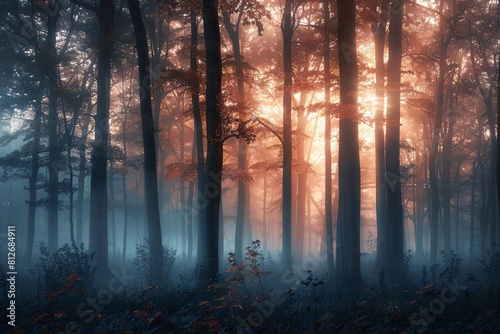 ethereal misty forest at dawn with mysterious silhouettes of trees evoking sense of tranquility and wonder nature photography